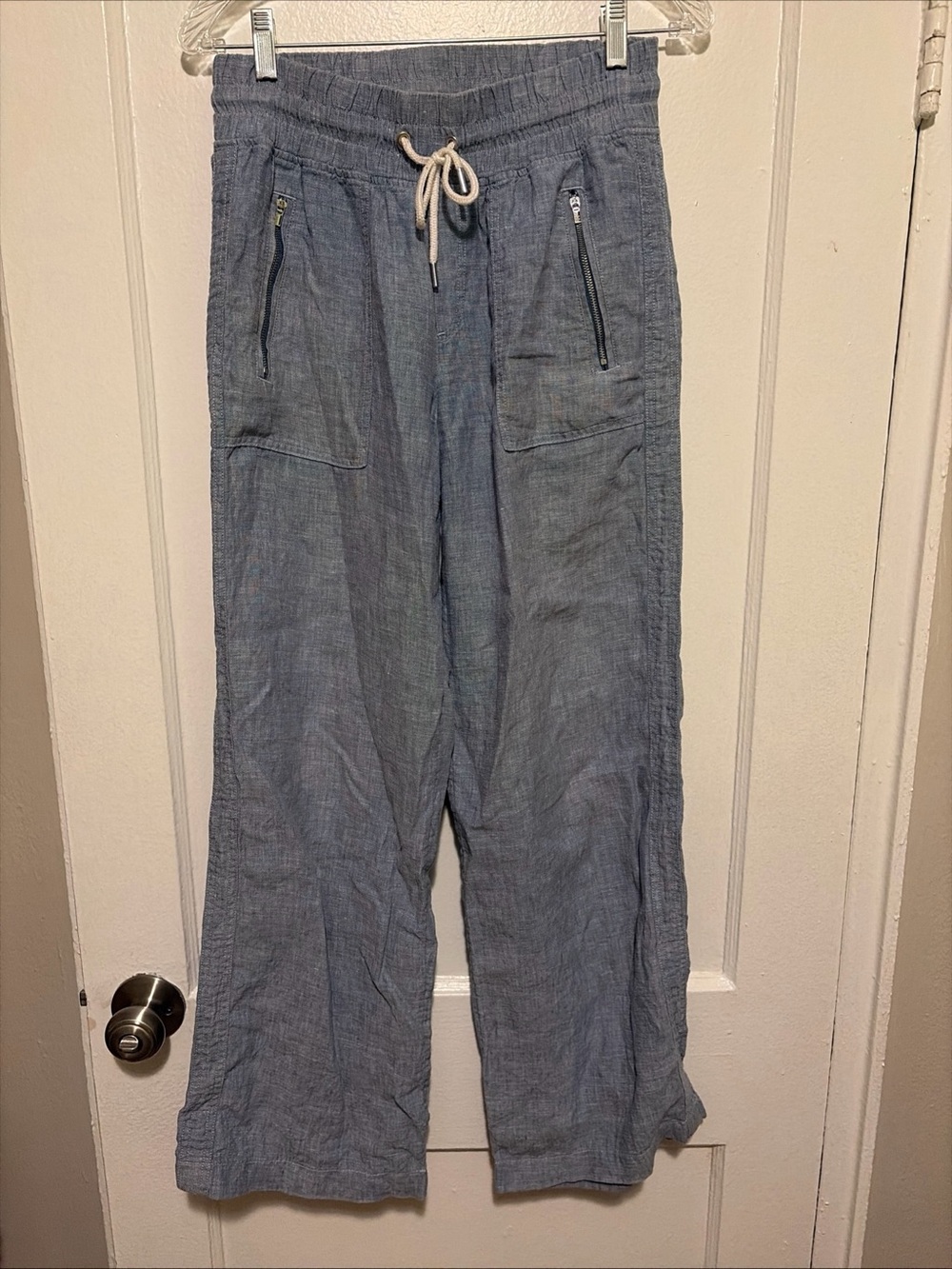 Athleta Cabo Linen Wide Leg Pants Women Size 6 Blue Casual Beach Boho Trouser - Picture 2 of 5